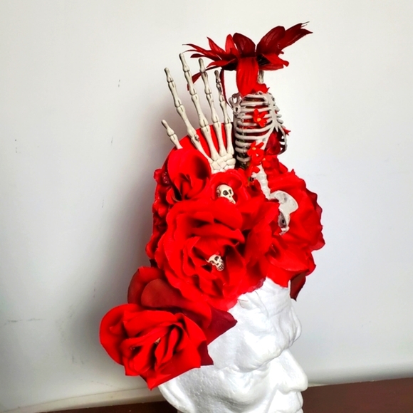 Red Floral Skeleton Skull Bone Floral Goth Headpiece Crown LED Light Up Headband - Picture 5 of 11